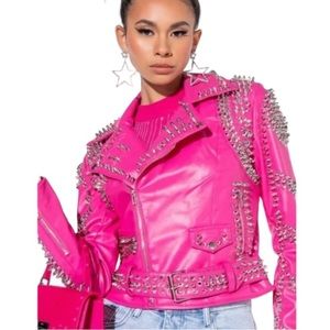 Azalea Wang Pink Sofi Studded Moto Jacket